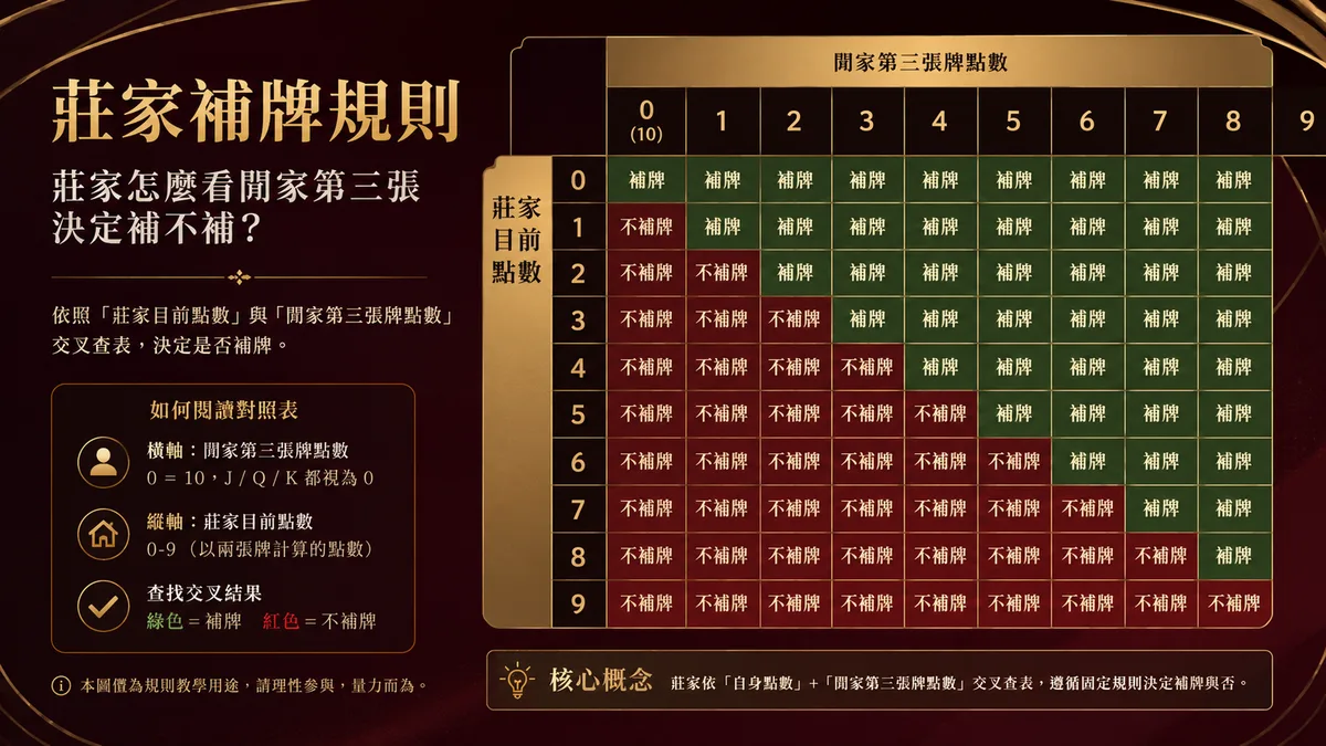 百家樂莊家補牌規則:莊家怎麼看閒家第三張決定補不補?
